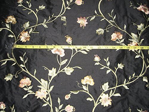 Коприна тъкани Puresilks Dupioni черен цвят с бродерия на цветя