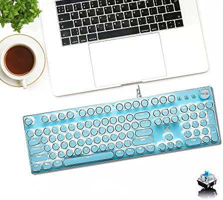 Ръчна Детска Клавиатура LIOURFE за кабелна Синьо Пишеща машина в Ретро стил, с чисто Бяла подсветка, 108 клавиши, Реколта Клавиатура