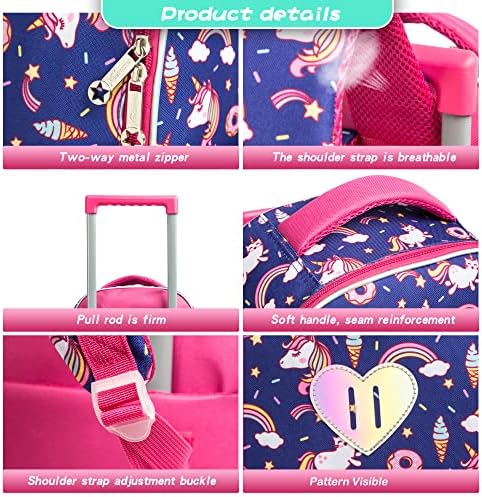 MOHCO Rolling Backpack Сладък 16-инчов Комплект 3 в 1 с Чанта за Обяд и Пеналом за Момичета (Лилав Еднорог)