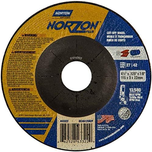 Norton 66252843322 4-1/2x125x7/8 инча. Отрязващи дискове NorZon Plus SGZ CA с десния ъгъл на наклон, Тип на 27/42, Песъчинки, 24, опаковката