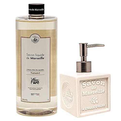 Maison Du Savon De Marseille - Физически Течен сапун с дозатор Керамичен Зелен сапун - Бензиностанция 33 течни унции и опаковка 10 течни