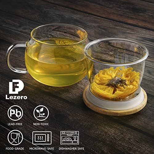 Подаръчен комплект Стъклени чаши за заваряване на чай Lezero, стъклени чаши в 13 грама с Подвижна цедка и бамбук капак за варене на разцъфнал