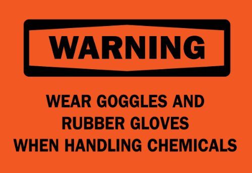 Брейди 22377 Пластмаса, 7 X 10 Надпис на предупреждающем знака: При работа с химикали с предпазни очила и гумени ръкавици.