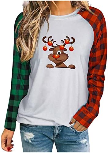 Коледна Hoody за Жени, Коледно Дърво, Карирани Принт, Raglan, тениски с Дълъг Ръкав и Кръгло Деколте, Коледен Пуловер, Върхове