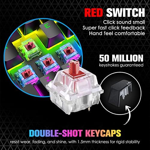 Ръчна Детска клавиатура LexonElec 60%, Ультракомпактная мини-механична клавиатура с цвета RGB подсветка, Червени ключове, 68 клавиши,
