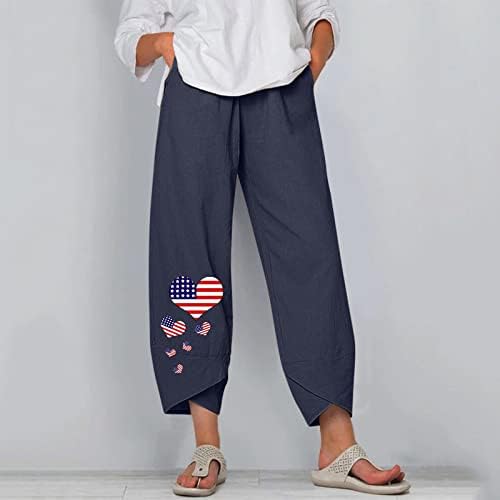 4 юли, Скъсяване на Панталони от памук и Лен, Дамски Ежедневни Летни Панталони с джобове, Флаг на САЩ, Удобни Плажни Панталони, Свободни