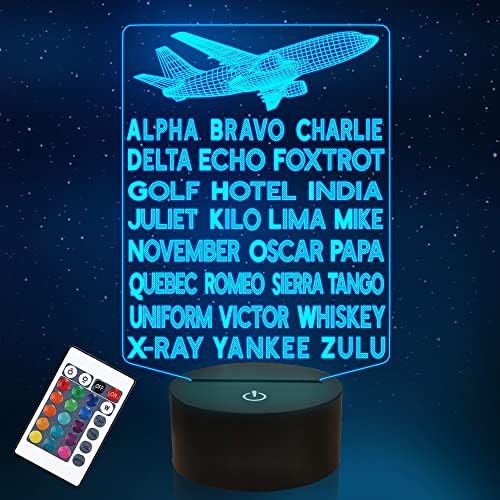 Пилотен Код, Фонетична Азбука, лека нощ, Самолет, 3D Иллюзионная Лампа, 16 цвята, която се Променя Сензорно Управление с USB-кабел, Led
