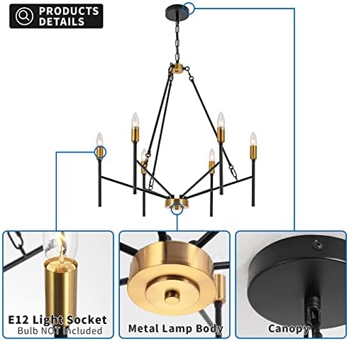 AHOCI Модерен Полилей във формата на Свещ, 6-Ламповая Черно-Златната Промишлена Полилей, по-Голямата Подвесная Полилей в Фермерска Къща,