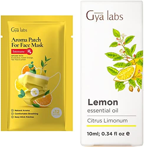 Ароматни етикети Immune за маски (5 опаковки - 60 band-спин) и Етерично масло от лимон за да се дифузор (0,34 течни унции) - Чисти Етерични масла за терапевтични клас - Gya Labs
