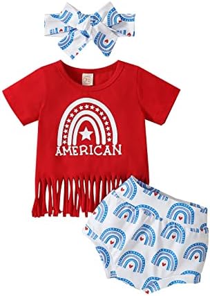 Комплект дрехи за момиченце на 4 юли, Тениска с Пискюли, Топ И къси Панталони, Комплект за Деца, Паметник на Ден за Дрехи с Флага на
