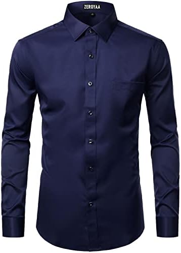 Мъжки Бизнес Официални Ризи ZEROYAA Slim Fit с Дълъг ръкав и копчета, с джоб