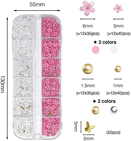 Набор от Суспензии за дизайн на ноктите с 3D цветя, 12 мрежи 2000шт, Бял, Розов 3D Акрилни Цветя, 50шт, Висулки за ноктите от Златната