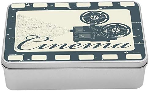 Лидице Кутия за кино Ambesonne, плакат Дизайн в стил гръндж с Надпис и проекция във формата на Шарени рамки, Преносим Правоъгълна Метална