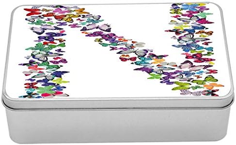 Лидице кутия с буквата N от Ambesonne, Пеперуди в различни Цветови комбинации формата на букви с главна буква N, Преносим Правоъгълна