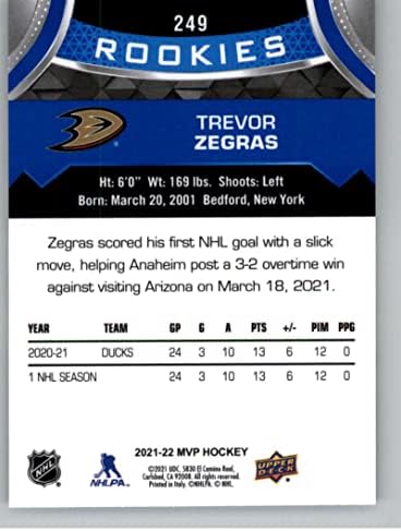 За MVP на горната палуба 2021-22 Синьо 249 Тревър Зеграс Карта начинаещ Анахайм Дъкс, на Официалната хокейна карта НХЛ в състояние (NM