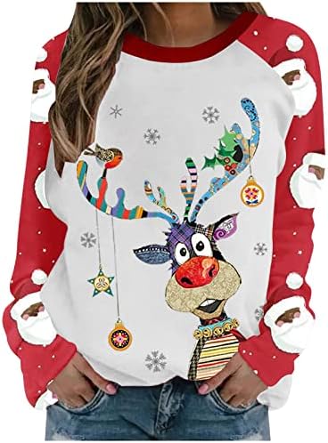 Коледна Тениска за жени, Туника с Хубав Принтом Елен, Блузи, Ежедневни Пуловер с дълъг ръкав и Цветен Блок, Пуловер, Блуза