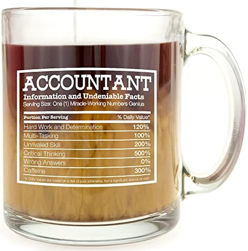 Факти за храненето счетоводител - Стъклена кафеена чаша - Забавни чаши за кафе, за жени и за мъже - Голям размер 13 грама в бяла кутия