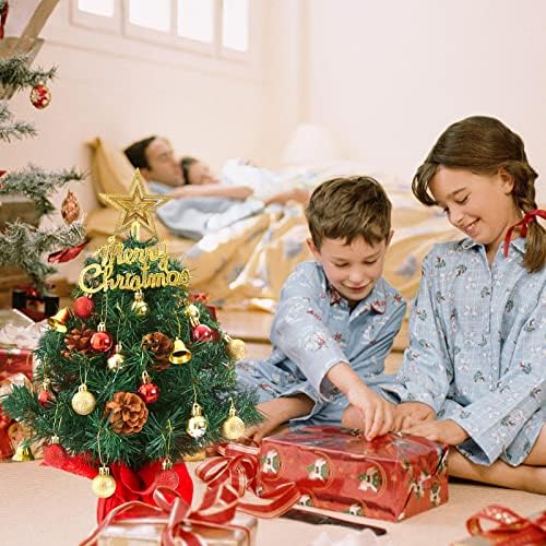 22 Настолна Мини Коледно дърво със светлини и набор от бижута, Изкуствена Коледна елха с гирлянди, Звездна украса на върха на дървото