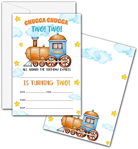 Покани Картички на парти в чест на 2-ри рожден ден на паровозике ONDTOM 20-Граф с конвертами (4 x 6) - Chugga Chugga Two Two Train -