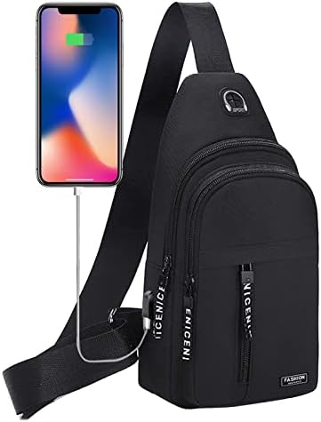 Чанта-прашка, Раница през рамо за мъжете - Водоустойчива Раница През рамо, Чанта за рамо с USB отвор и отвора за слушалки (Черен)