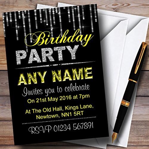 Персонални Покани на парти по случай рождения Ден със Сребрист и Жълт Блясък