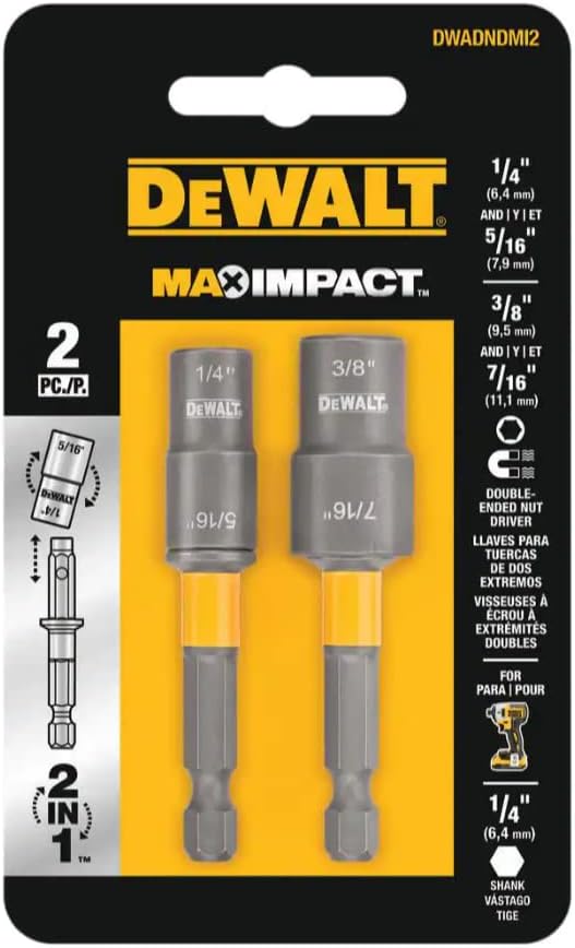 Двупосочен гайковерт от въглеродна стомана Dewalt Magnetic MAX IMPACT (2 комплекта), който включва ударни гаечни ключове от 1/4 до 5/16