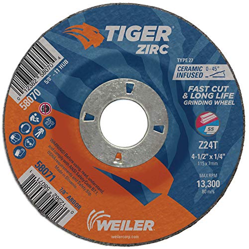 Шлайфане кръг на Weiler 58071 4-1/2 x 1/4 Tiger Zirc Type 27, Z24T, 7/8 A. H. (опаковка от 10 броя)