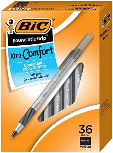 Химикалки BIC Round Stic Grip Xtra Comfort Черна, със средна заострением (1,2 мм), опаковка от 36 грама, Идеални химикалки за писане