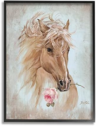 Ретро Портрет на Коня Stupell Industries, Конна боядисване с цветен модел Розова роза, Дизайн Деби Коулз, Стенно изкуство в черна рамка,