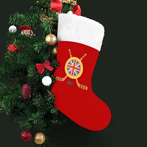 Коледни Чорапи, Hockey in United Kingdom от Червено Кадифе, с Бял Пакет шоколадови Бонбони, Коледни Декорации и Аксесоари за вашето семейно