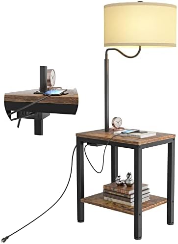 Led лампиона LityMax с маса - малка странична маса в селски стил с USB порт за зареждане, Розетка, Рафтове за прикроватной нощни шкафчета,