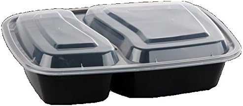 SafePro 32 грама. Черен Правоъгълен Контейнер за микровълнова с 2 отделения и Прозрачен капак, Кутия за обяд Bento, Пластмасови Контейнери за храна за вкъщи (в пакет 100 броя)