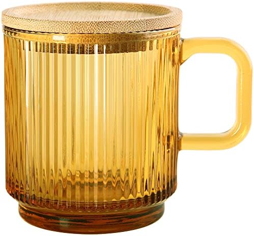 Кафеена чаша от тъмно стъкло Lysenn с капак - Висококачествена Класическа Стъклена чаша с вертикални ивици - за | лате | чай | Шоколад