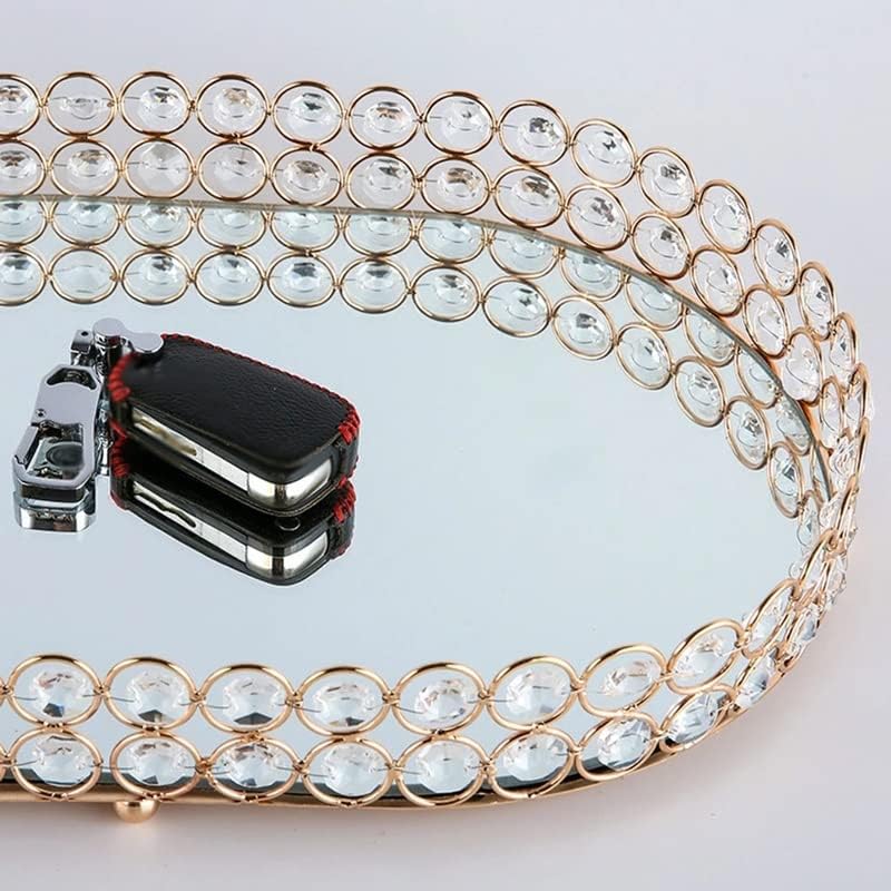 LDCHNH Златна Кутия За съхранение на Бижута Тава Стъклена Mirror Crystal Козметични Органайзер За Грим Стойка за Декорация на Дома Тенис на Тава за Чинии (Размер: L)