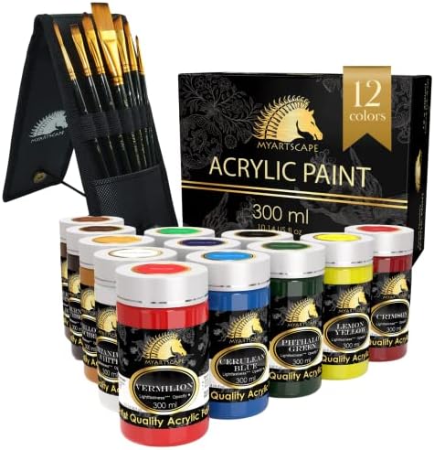 Комплект акрилни бои MyArtscape - 12 Бутилки по 300 мл с Чифт четки за рисуване - 7 Четки за художници (от 1)