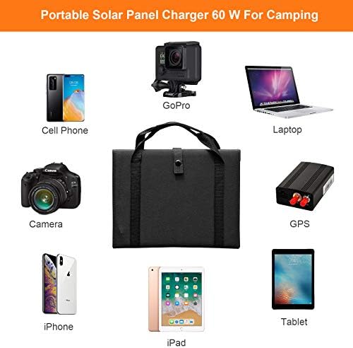 Сгъваем соларен панел Keshoyal – Преносими слънчеви панели с мощност 60 W, 5, USB и 18 vdc за къмпинг, мобилни телефони, таблети и устройства