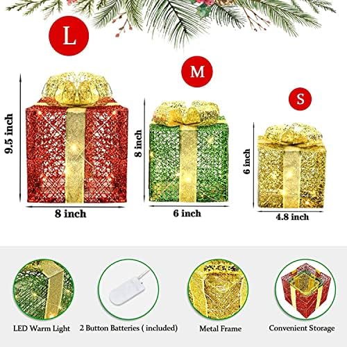 Подаръчни Кутии с осветление, Коледна Декорация, Комплект от 3 Коледни Подаръци Метални Кутии с подсветка и 70 светодиодни лампи, Декорация