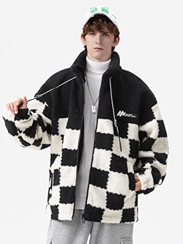 QYIQU Jackets for Men - Мъжки плюшевое палто в клетка с принтом и завязками с цип (Цвят: черно-бял, размер: Средно)