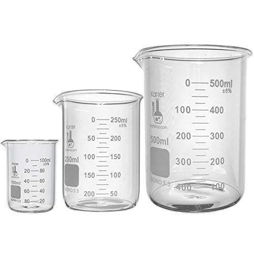 Комплект стъклени Чаши Ниски форми, 3,3 литра. Чаша, Двойна скала, 3 размер - 100, 250 и 500 мл, Karter Scientific 214T6
